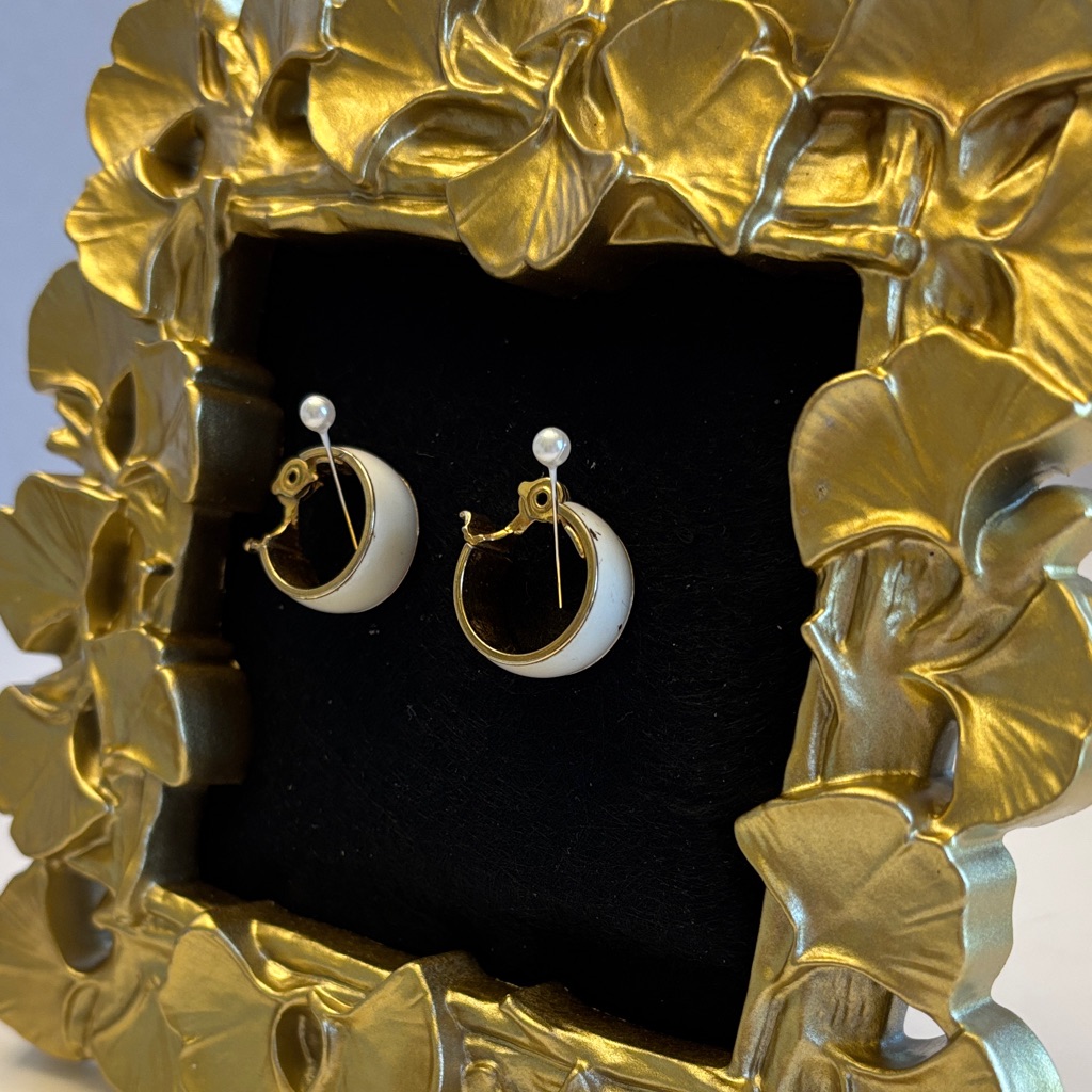 Monet Vintage Gold And White Hoop Earrings Clip On